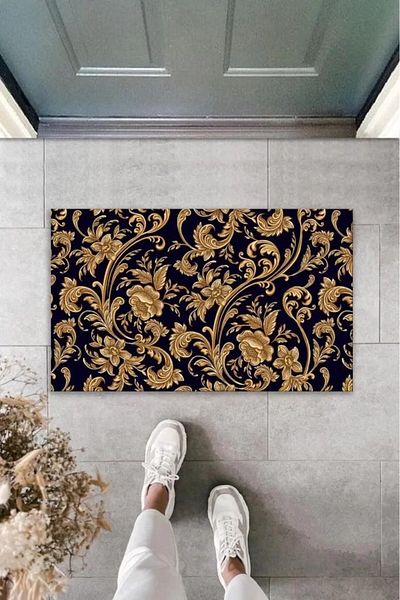 Mu Art Ahşap Decorative Digital Print Black-Gold Flower Outdoor Floor Mat K-2097