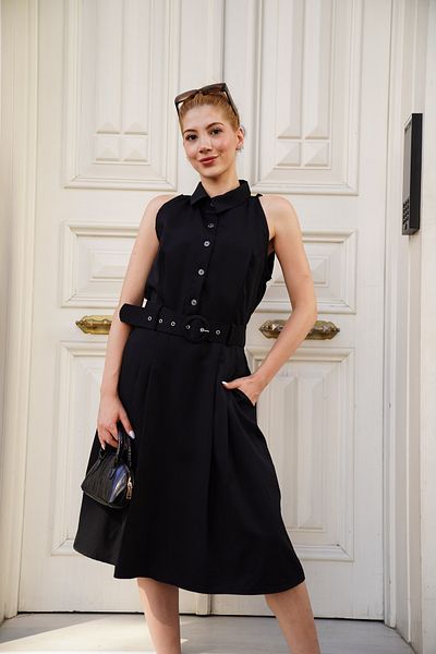 Bleu Petite Shirt Collar Belted Midi Length Women's Jumpsuit