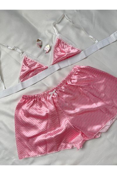 İNKO İÇ GİYİM Satin Patterned Bralet Shorts Set with Lace Detail