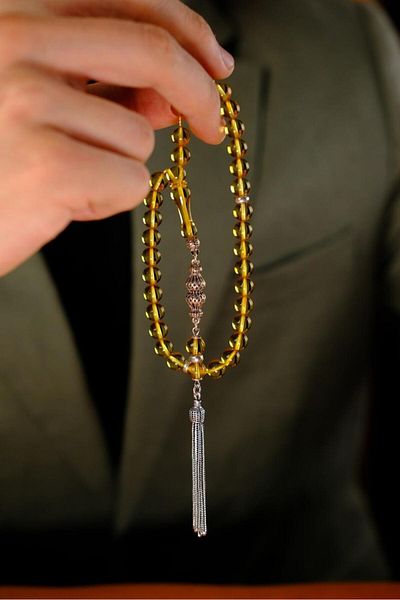 dergah tesbih Wrist Length Drop Amber Silver Designed Prayer Beads (Amber), (مسبحة قطرة كهريبار)