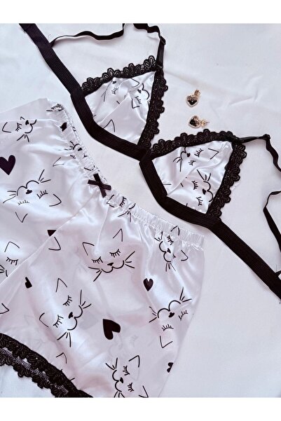 İNKO İÇ GİYİM Satin Patterned Bralet Shorts Set with Lace Detail