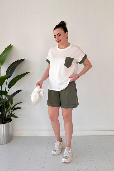 MaziButik Pocket Garnished Shorts Suit Khaki