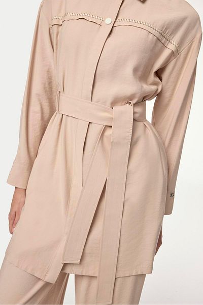Zühre Shirt Collar Belted Beige Double Suit Tk-1649