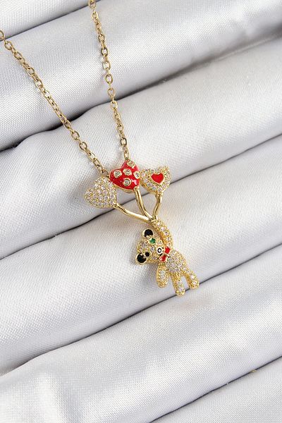 Clariss 316L Steel Zircon Stone Flying Balloon Teddy Bear Model Gold Color Women's Necklace