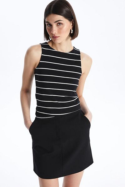 TENA Women's Black-White Swimmer Model Crew Neck Full Licra Striped Rib Tank Top