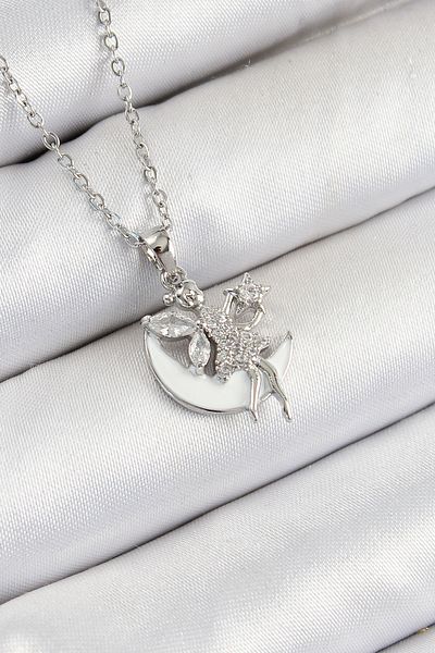 Clariss 316L Steel Zircon Stone Crescent Angel Model Silver Color Women's Necklace