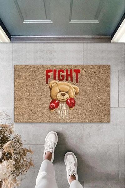Mu Art Ahşap Beige Door Mat Fight For You Teddy Bear Pattern K-3321