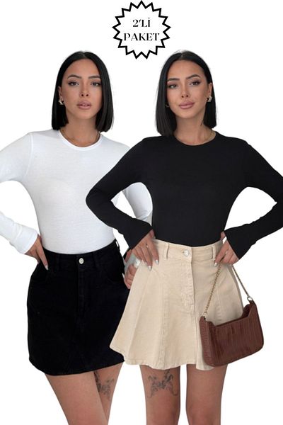 Lunamiratto Women's 2-Piece Long Sleeve Bodysuit White, Black Crew Neck Bodysuit Cotton Cycling Badi 2Pcs