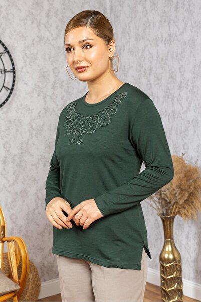 Mutlu City Yeni Model Taş İşlemeli Yuvarlak Yaka Likralı Anne Penye Bluz 6420