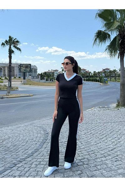 LE CARAMBOLE Women's Black Short Sleeve V Neck T-Shirt Stripe Detail Pants Bottom-Top Set