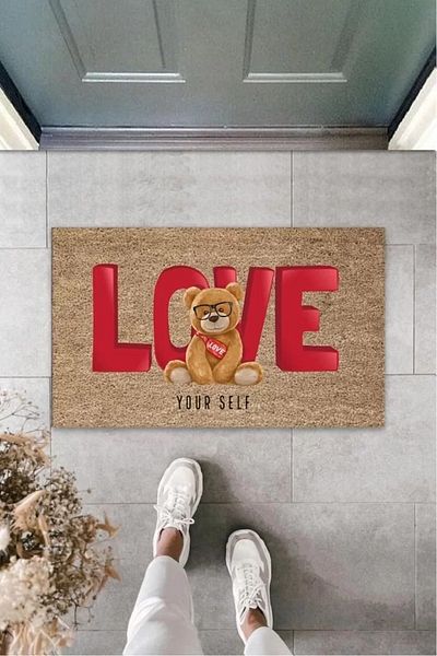 HARGE Καφέ Πατάκι μπροστινής πόρτας Love Teddy Bear Pattern K-3252