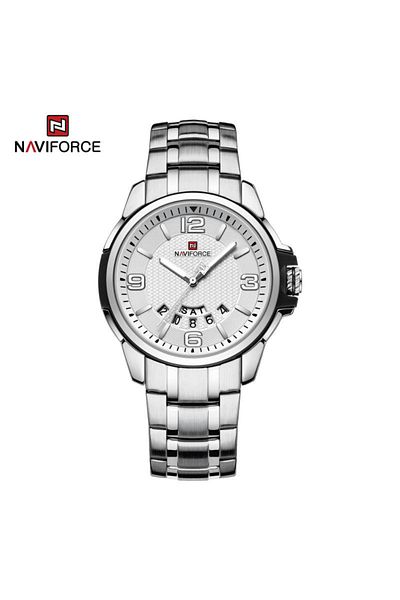 Naviforce Mens White Dial Stainless Steel Strap Watch Analog Quartz Waterproof with Day and Date Display