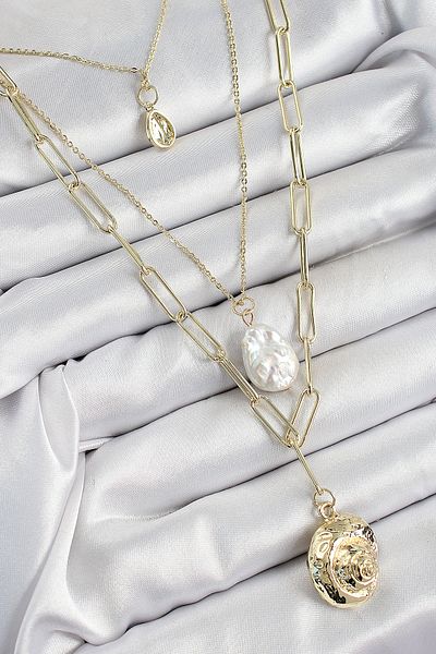 Clariss Brass Multi Chain Pearl Seashell Model Gold Color Women's Necklace