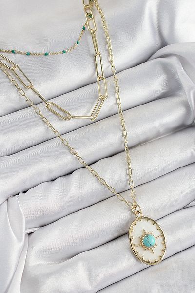 MÇ Plus Brass Multi Chain Blue Beaded Compass Model Gold Color Women's Necklace