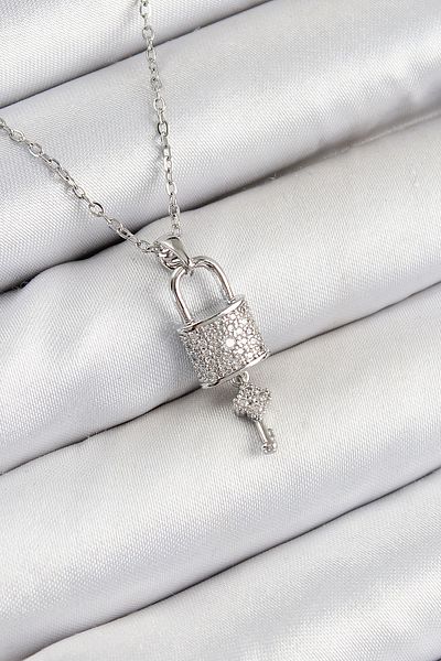Clariss 316L Steel Zircon Stone Lock and Dangle Key Model Silver Color Women's Necklace