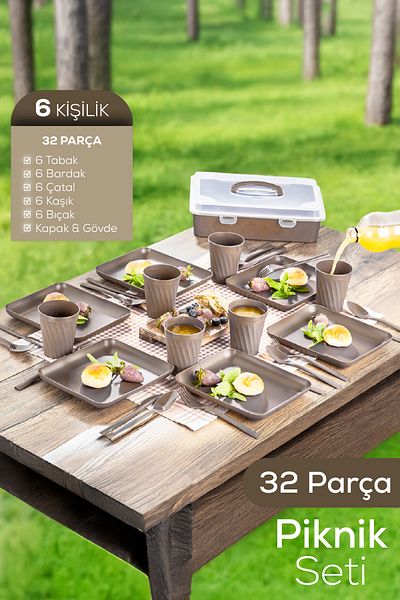 Vienev 32 Piece Portable Picnic Set for 6 People - Beige with Storage Box