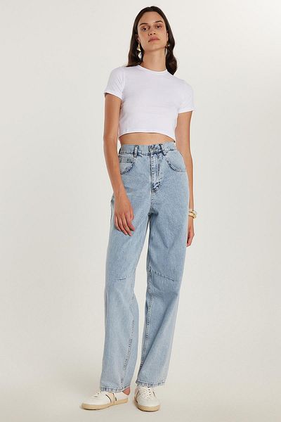 Tudors Women's Regular Fit Buckle Wide Leg Baggy Blue Jean Jeans