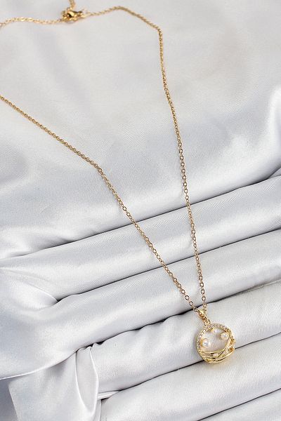 Clariss 316L Steel Zircon Stone Pearl Detailed Ring Model Gold Color Women's Necklace