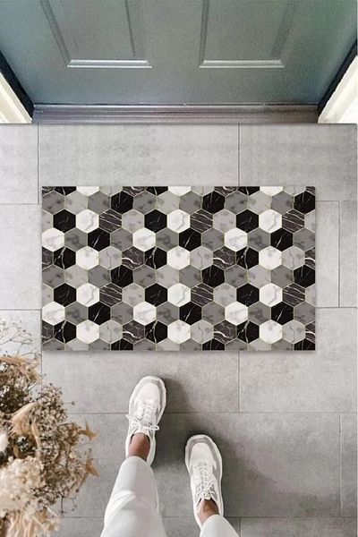 Mu Art Ahşap Digital Printing Gray Honeycomb Door Mat K-3086