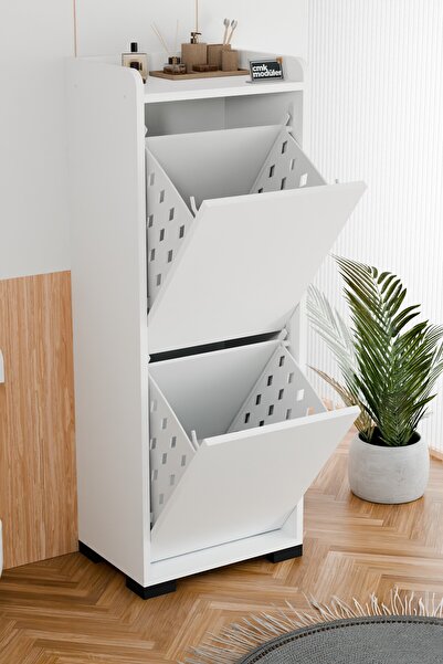 CMK Modüler Capri İki Katlı Çamaşır Dolabı Dekoratif Çamaşırlık 2 Sepetli Kir...