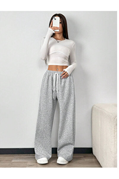 LOSSİA KOPYA - Γυναικείο γκρι φαρδύ παντελόνι φόρμας μεγάλου μεγέθους, υψηλής...