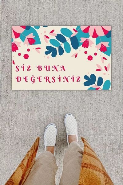 Mu Art Ahşap Digital Printing Decorative You Are Worth It Pink Blue Door Mat K-1202