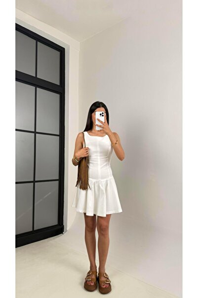 Gaus Beyaz Sıfır Kollu Fermuarlı Pileli Denim Elbise Gaus00610