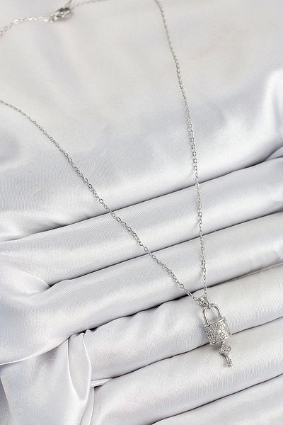 Clariss 316L Steel Zircon Stone Lock and Dangle Key Model Silver Color Women's Necklace