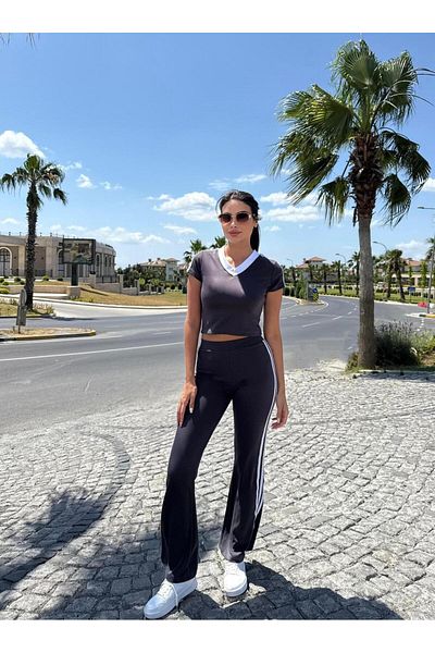 LE CARAMBOLE Women's Anthracite Short Sleeve V Neck T-Shirt Stripe Detail Pants Bottom-Top Set