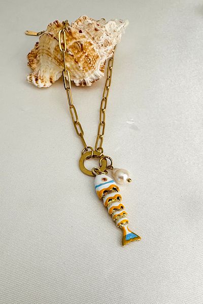 Modex Steel Pearl Detail Enamel Fish Bone Necklace (46cm)