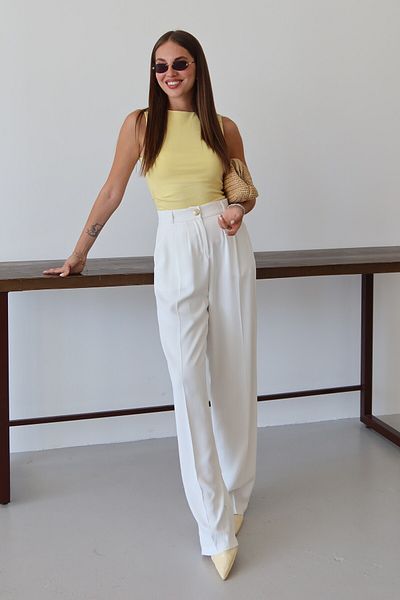 Laluvia White Gold Buttoned Palazzo Trousers with Elastic Waist - 51078