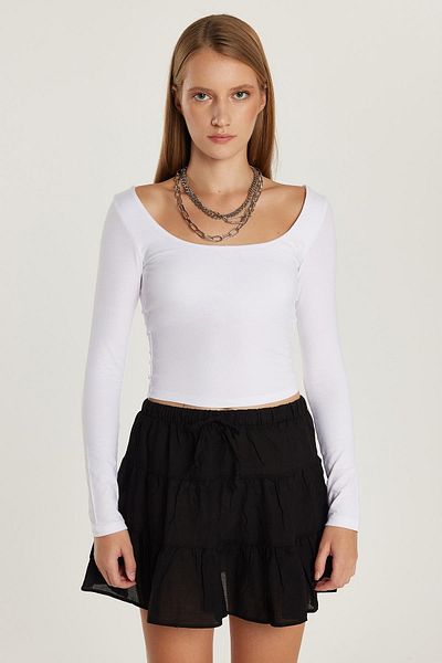 Tudors Bluză albă din bumbac, slim fit, cu decolteu barcă