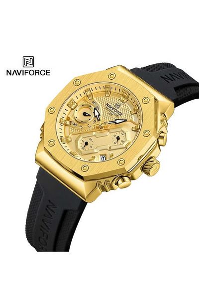 Naviforce Men's Gold Luxury Sport Watch – Multifunctional Chronograph Waterproof Black Silicone Strap