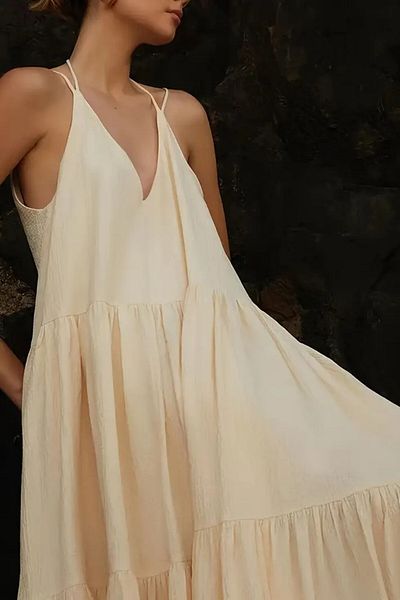 The Champ Clothing Γυναικείο μπεζ λινό μακρύ φόρεμα Şile – Καλοκαιρινό μοντέλο με λαιμόκοψη V με λουράκι
