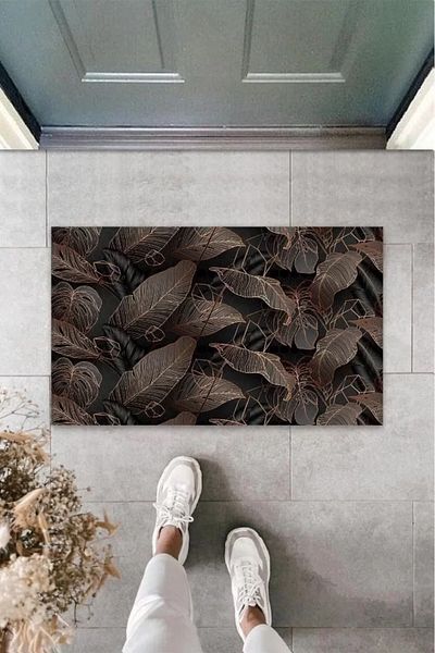 Home Black-Gold Digital Large Leaves Mat - Outdoor K-3122