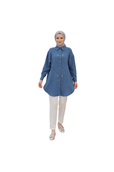 Armine Women's Shirt Collar Front Stone Patterned Tunic