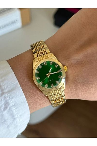 RoseandRoses Clove Round Case Women's Wristwatch Gold (Green Dial)