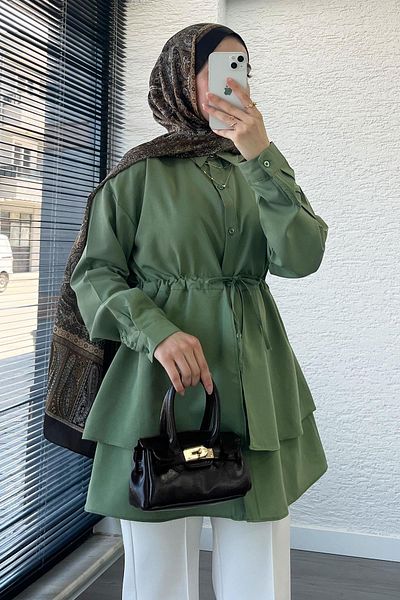 MELEK ARAZ Waist-Tie Double Layer Flounce Tunic - Green