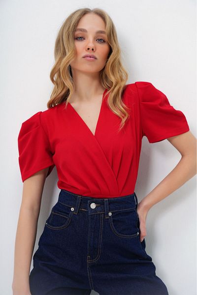 OLSAMODA Women's Double-Collar Princess Sleeve Waist Pleated Flexible Fabric Bluz