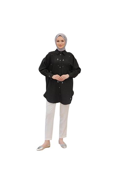 Armine Women's Shirt Collar Front Stone Patterned Tunic