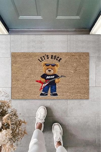 Home Beige Door Mat Let's Rock Teddy Bear Pattern K-3322