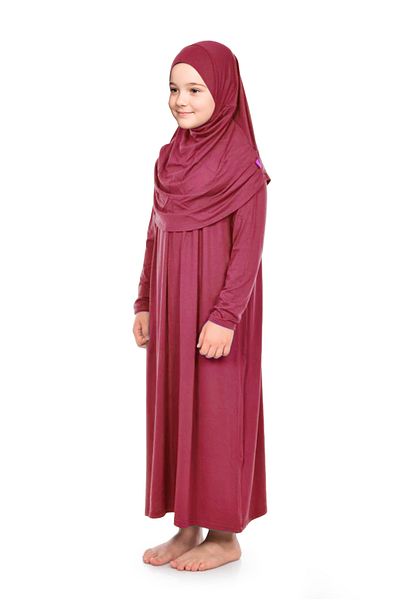 ihvanonline Practical Headscarf One Piece Girl's Prayer Dress 9-11 Years Old Red
