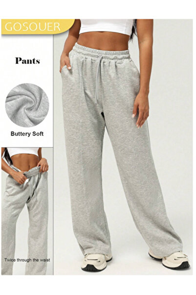 LOSSİA Γυναικείο γκρι φαρδύ παντελόνι φόρμας μεγάλου μεγέθους, υψηλής ποιότητ...
