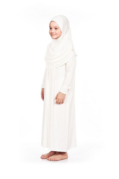 ihvanonline Practical Headscarf One Piece Girl's Prayer Dress 9-11 Years White