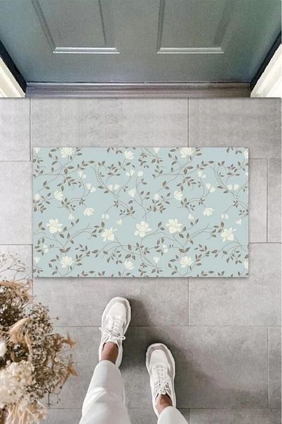 Mu Art Ahşap Digital Printing Light Blue Multiple Flower Door Mat