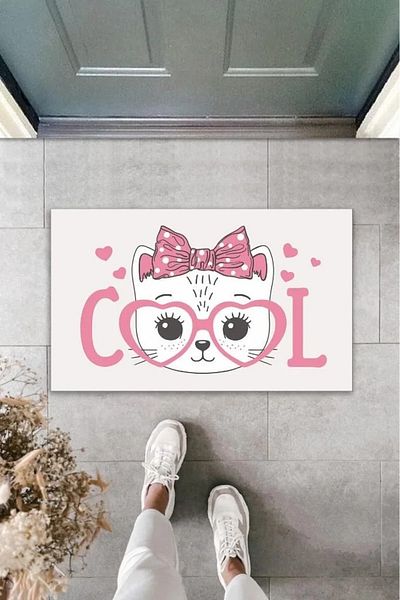 Skygo Digital Printing White Cool Pink Glasses Bow Cat Decorative Door Mat K-2038