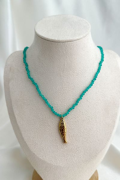 Modex Steel Turquoise Bead Row Gold Color Fish Necklace (40cm)
