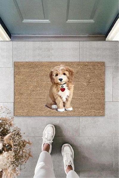 Mu Art Ahşap Brown Door Mat Cute Puppy Pattern K-3208
