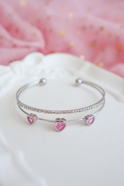 EFBUTİK Silver Waterway Three Hearts Stone Handcuff Bracelet