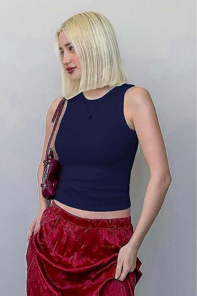 Madmext Navy Blue Thick Strap Regular Cut Basic Undershirt Mg2059